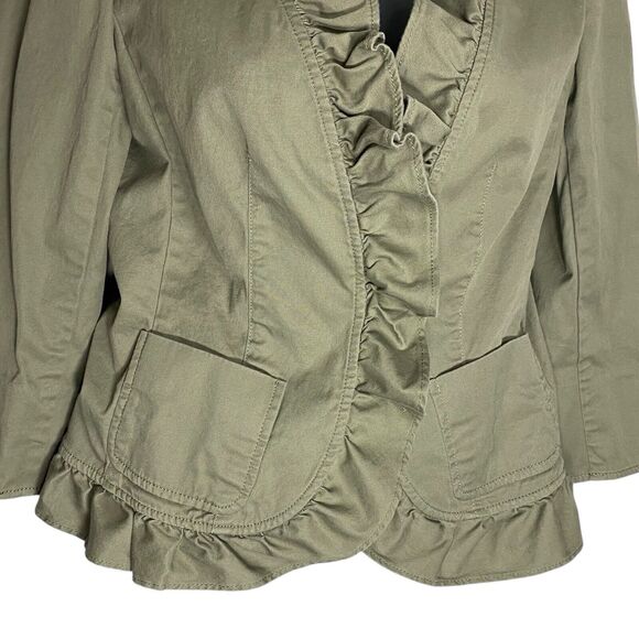 Talbots Blazer Jacket 2 Petite Ruffle Neck Twill Preppy Office Siren Olive Green - Picture 7 of 14
